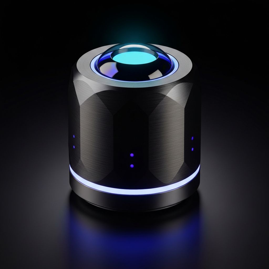 Vecto™ Pod — AI edge computing device with holographic glass dome and CNC-milled aluminum housing